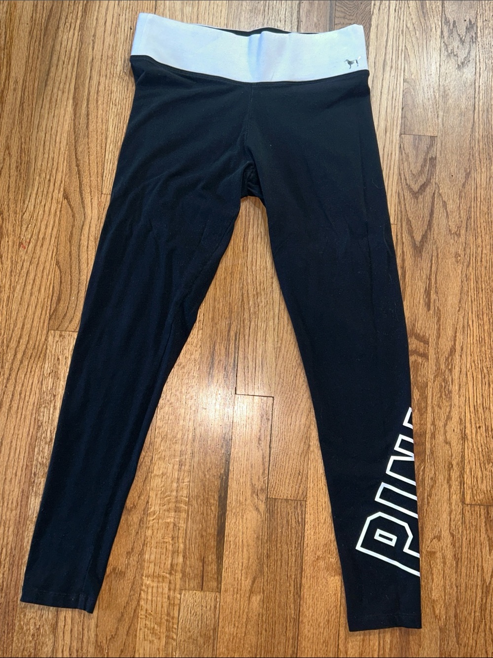 PINK Victoria's Secret YOGA Black Leggings with White Waistband and White Logo
